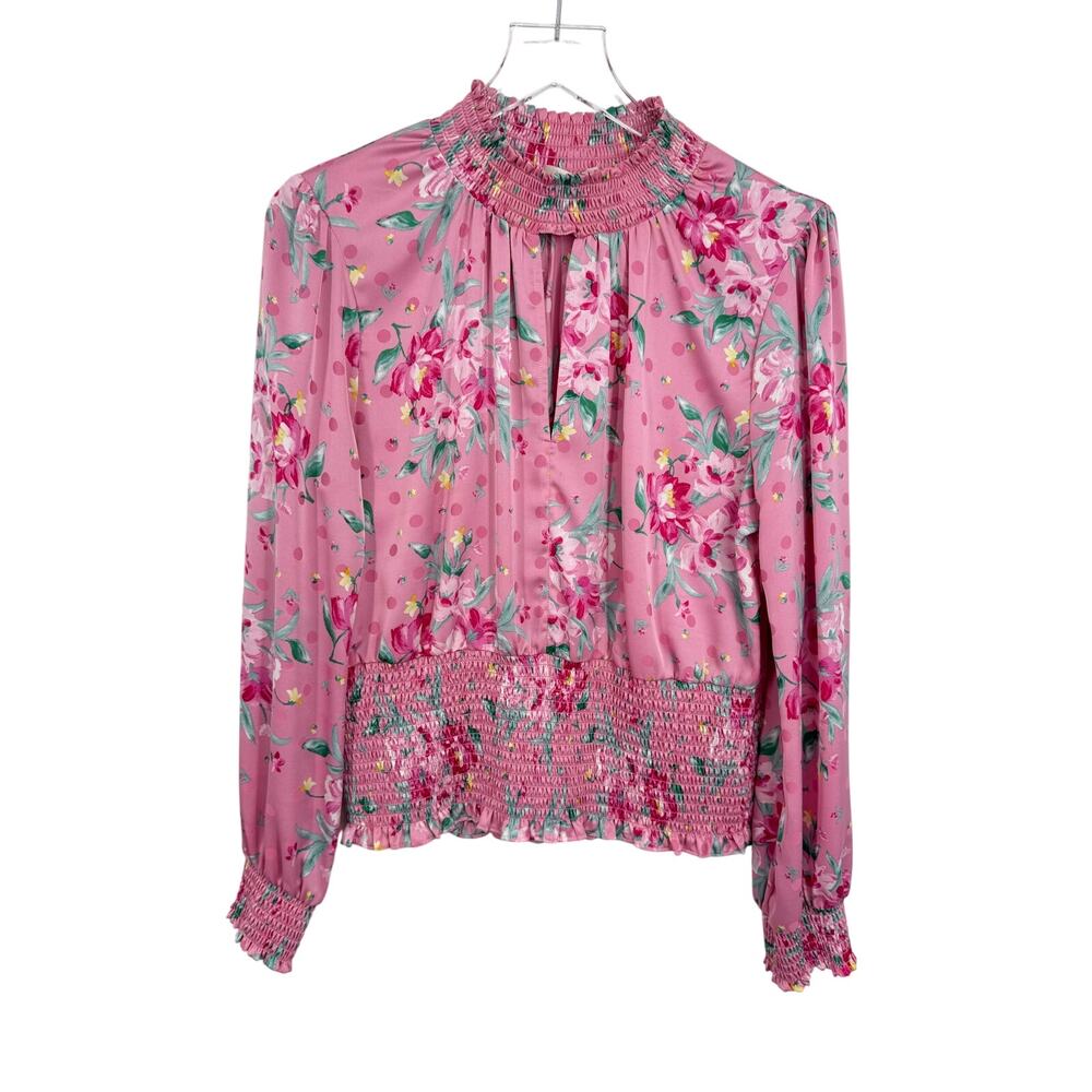 Wayf blouse women's large smocked high neck satin floral balloon sleeve pink